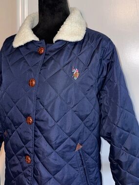 U.S. Polo Assn. Navy Quilted Puffer Jacket with White Sherpa Collar
